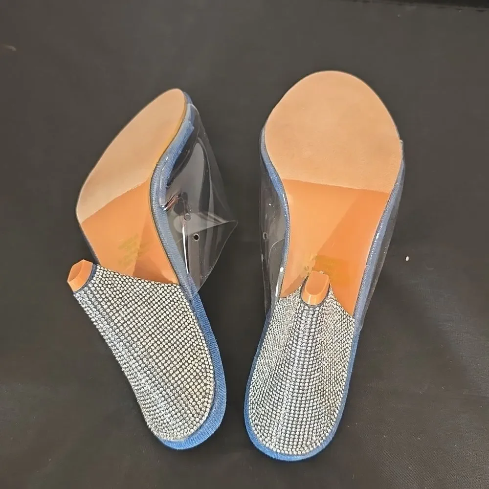 BRAND NEW PAZZLE RHINESTONE HEEL EMBROIDERED CLEAR  OPEN-TOE STRAP SANDAL